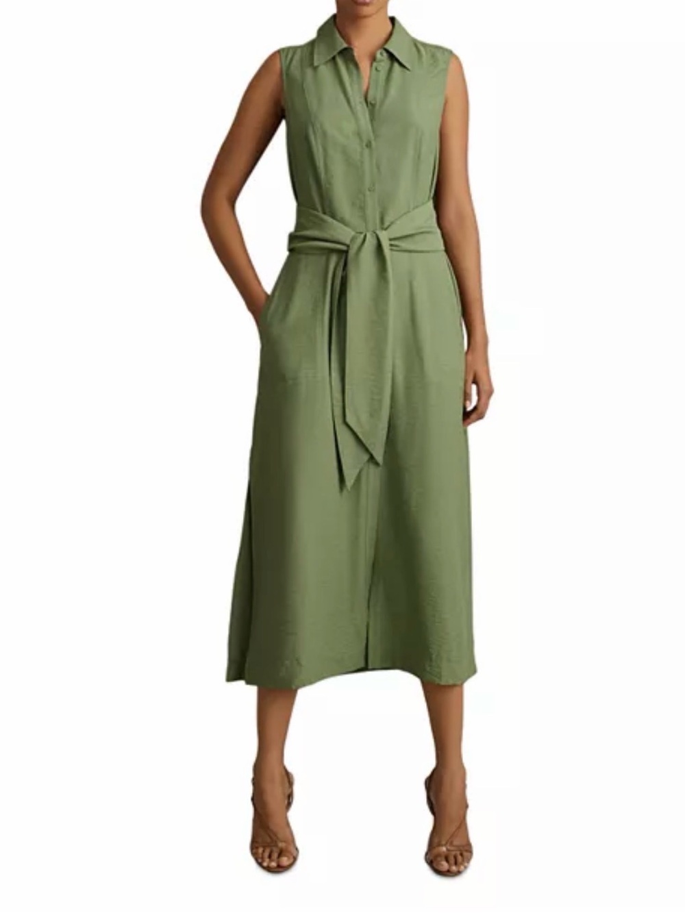 Reiss Morgan VISCOSE BLEND BELTED SHIRT DRESS IN GREEN Size 4P